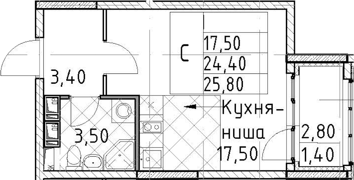 Квартира студия 25.8 м², 11/13 эт., ЖК «Тайм Сквер»